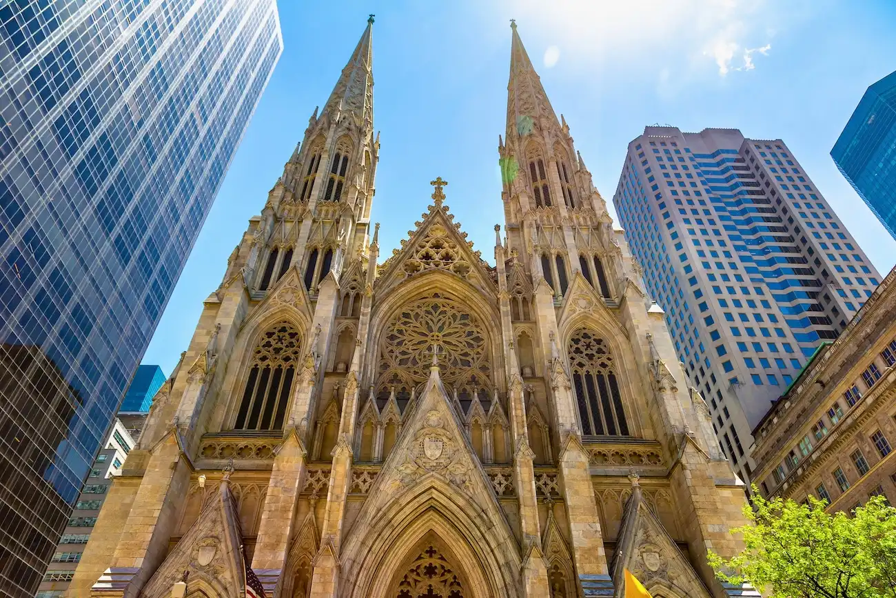 Exterior view of St. Patrick's Cathedral, a magnificent Neo-Gothic style church in New York City.